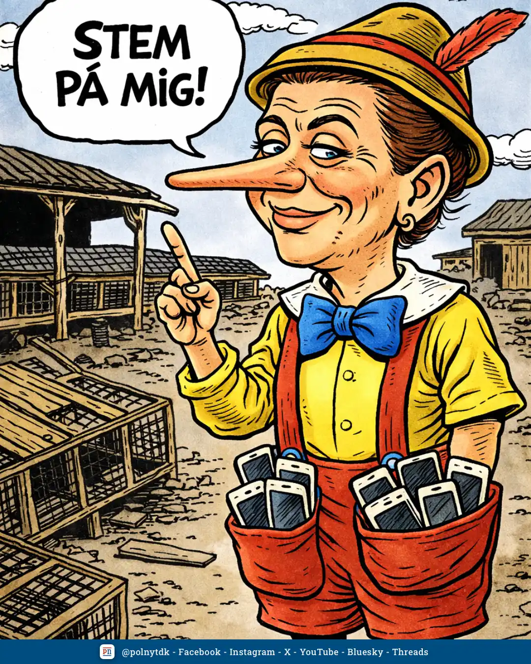 Mette Frederiksen som Pinocchio - minksskandalen - sms-skandalen